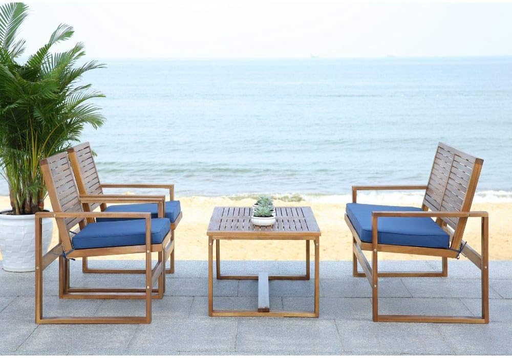 Safavieh Home Collection Hailey Outdoor Living 4-Piece Acacia Patio Furniture Set, Brown and Navy : Garden & Outdoor