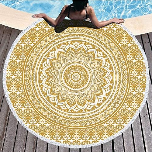 Round Beach Towel Oversized Thick Blanket,Microfiber Fabric with Tassels Fringe,Vintage Indian Mandala Yellow Print Tapestry,Quick Dry Sand Proof Carpet for Indoor Outdoor Yoga Camp Picnic