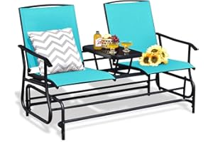 FANTASK 2 Person Outdoor Glider Bench w/Tempered Glass Table, Swing Patio Glider Chair with Steel Frame & Breathable Seat, Double Rocking Chair for Porch, Poolside, Patio, Garden (Turquoise)