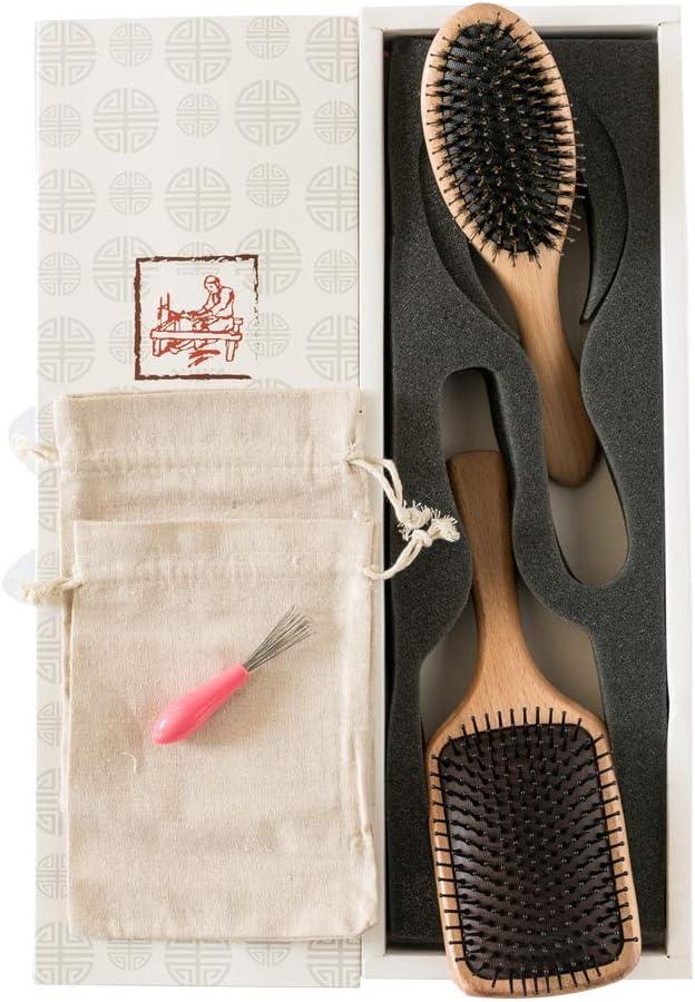 2-Piece Hairbrush-Natural Boar Bristle Hair Brush and Wooden Paddle Detangling Cushion Hairbrush-suitable Women Men Kids Girls- Good for Thick Dry Damaged Curly Wavy Long Short Frizzy Fine Oily Hair