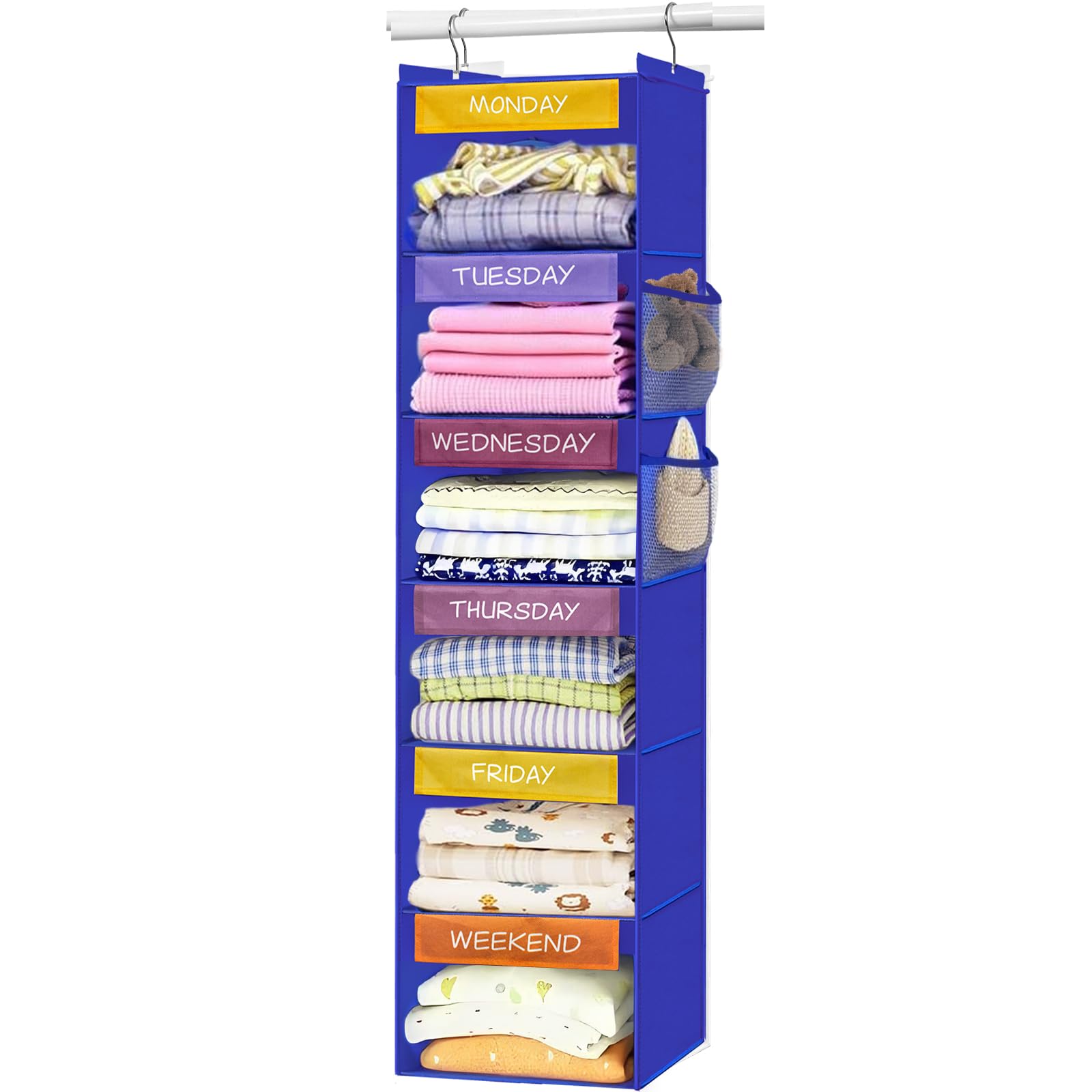Photo 1 of homyfort Weekly Clothes Organizer for Kids, 6-Shelf Hanging Closet Organizer with Colorful Labels, Space Saving Design with 2 Pockets, Daily Hanging Closet Shelves for Kids Room Storage, Blue