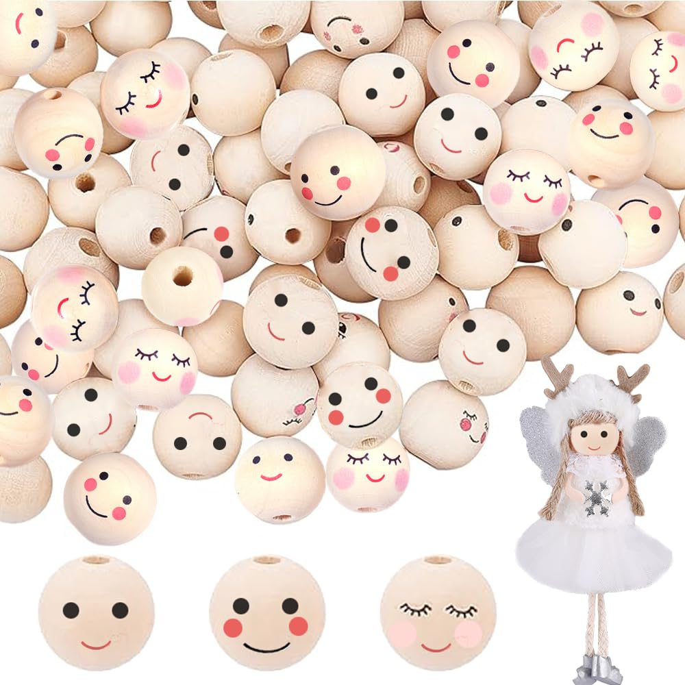 Winddle Pack of 60 Wooden Face Beads - 20 mm, 3 Styles Smile Face, Natural Wood, Round with Hole for DIY Crafts & Decorations โ image 1