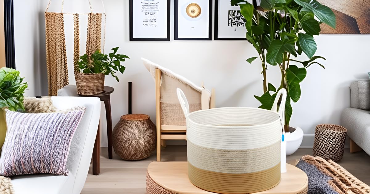 Blanket Basket, Storage Basket, Laundry Basket, 20”*20”*13”, Blanket Basket, Cotton Rope Basket, Laundry Hamper,Blanket Storage for Living Room (White & Gradient Brown