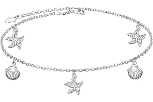 FLYOW 925 Sterling Silver Starfish Shell Anklet for Women Girls Adjustable Mermaid Tail Seaside Ankle Bracelet Boho Beach Foot Chain Charm Jewelry Birthday Gifts