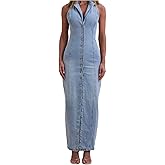 Quzzion Womens Summer Casual Button Down Maxi Denim Dress V Neck Sleeveless Sexy Bodycon Long Jean Dresses