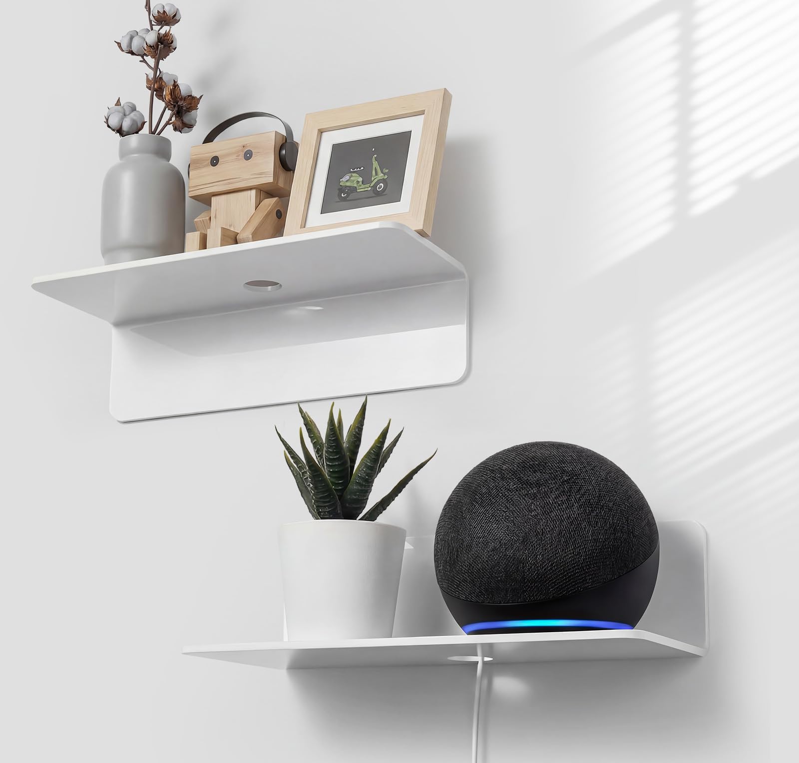 OAPRIRE White Floating Wall Shelves Set of 2 - Easily Expand Wall Space - Acrylic Small Shelf for Bedroom, Bathroom, Kitchen, Living Room, Office, Playroom with Cable Clips