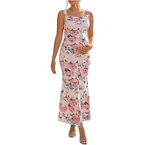 OYOANGLE Women's Maternity Floral Print Ruched Summer Pregnancy Maxi Dress | Nursing Long Dress,Spaghetti Strap Pregnancy Dre