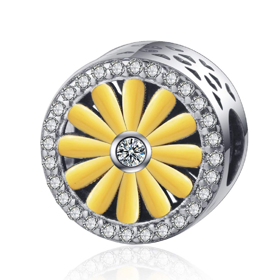 FeatherWish Sterling Silver 925 Golden Gold Daisy Sunflower Flower Garden Home Charm With Cubic Zirconia Fits And Compatible With Pandora Bracelets Gift For Birthday Women Sister Wife Mum Friend