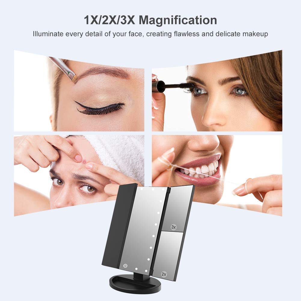 WEILY Makeup Vanity Mirror with 21 Led Lights, Trifold Dual Power Magnifying LED Lighted Cosmetic Mirrors (Black) : Beauty