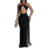 Kwunbwa Women's Sexy Halter Backless Maxi Dress Cut Out Sleeveless Bodycon Long Fringes Club Party Cocktail Dresses