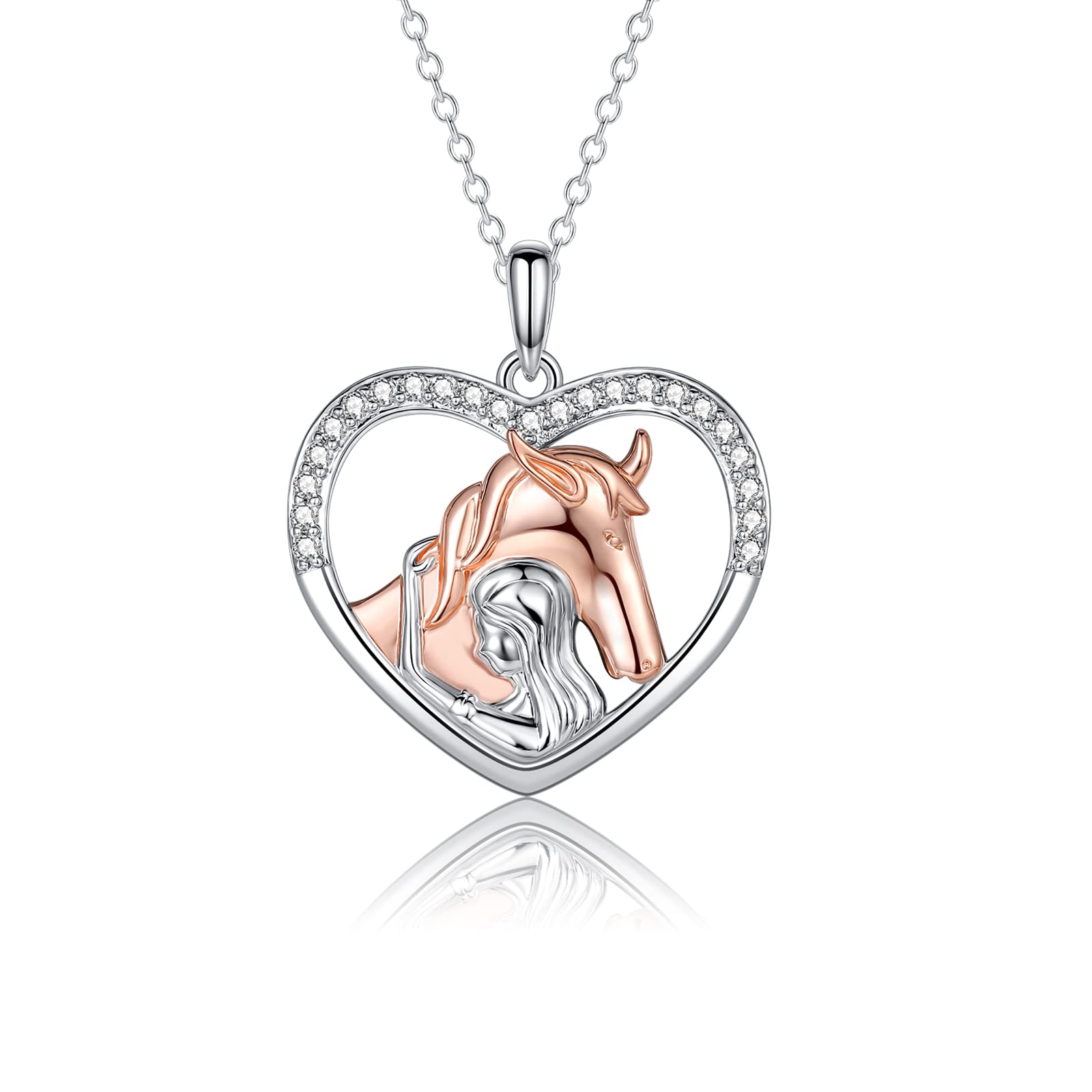 EPIRORA Horse Gifts for Girls, 925 Sterling Silver Horse & Girl Heart Pendant Necklaces | Sparkly Cubic Zirconia Necklace Jewelry Birthday Gifts for Women Horse Lovers Friends, 16''