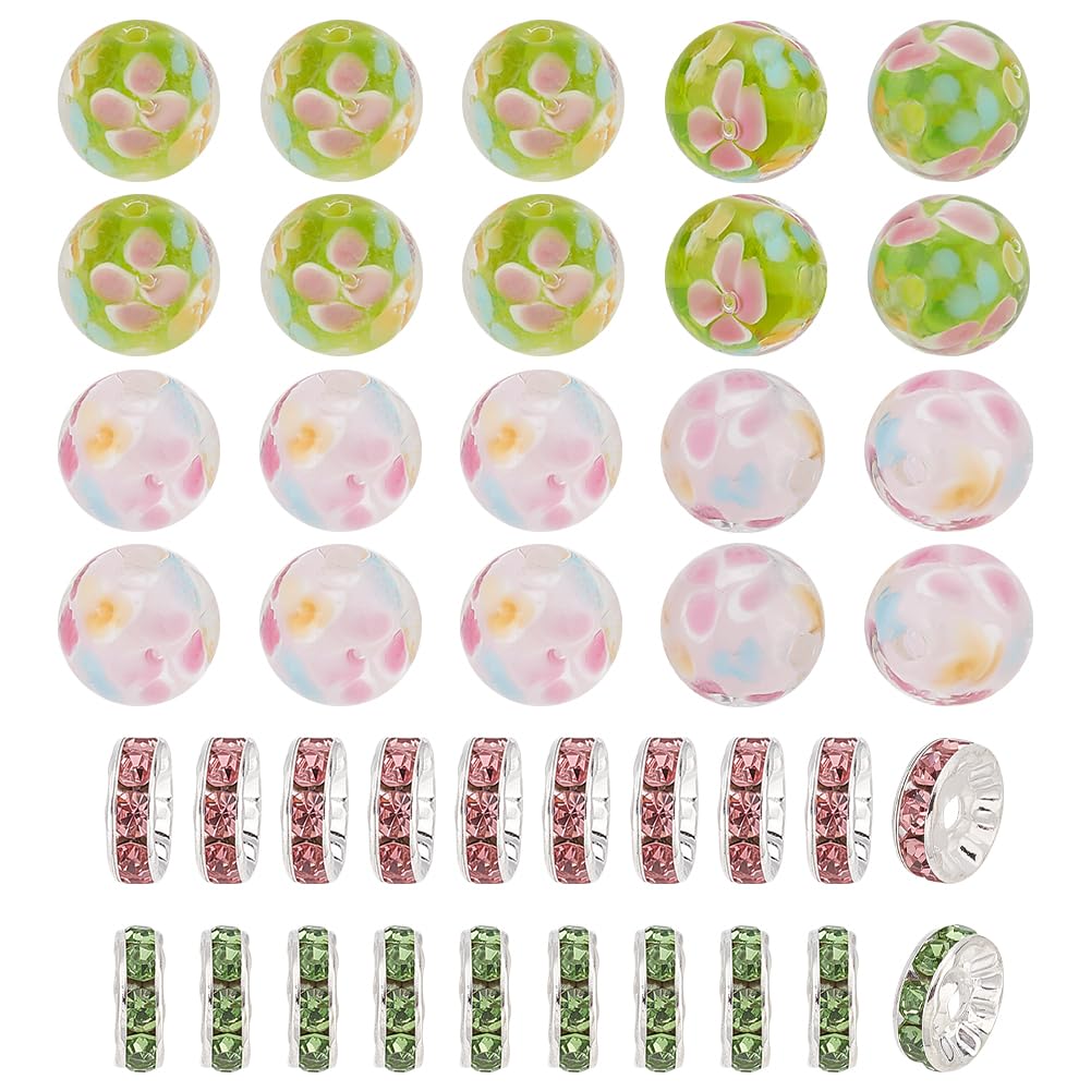 GOMAKERER 20 Pcs 12mm Pink Green Lampwork Flower Glass Beads with 20 Pcs Pave Rhinestone Spacer Beads, Flower Beads Jewelry Making Finding Kits Round Ball Beads Flat Loose Spacer Beads for DIY