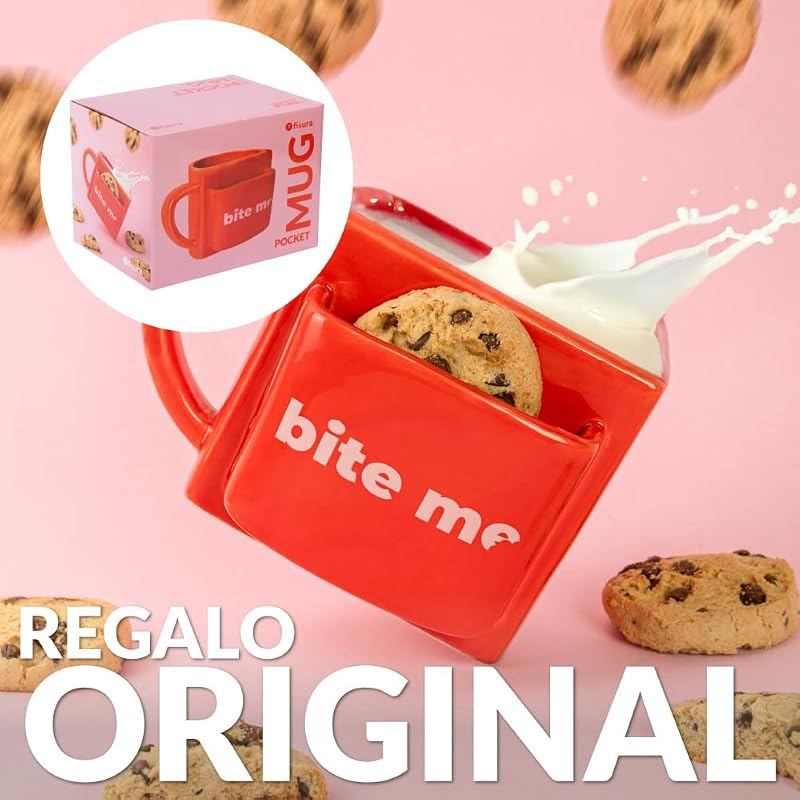 – Taza original para regalar “Bite me”. Taza de té roja con bolsillo para galletas. Mug para desayuno divertido. Copa de desayuno moderna. 316 ml de capacidad