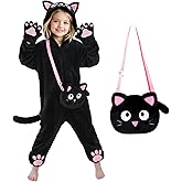RISFUNIA Cat Costume for Kids with Bag, Black Cat Halloween Costumes for Girls Animal Onesie Dress Up