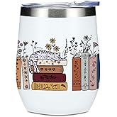 Wine Tumbler, 12 oz Coffee Mug Travel Insulated Cup Vacuum Wine Glass with Lid, Book Lovers Gifts Birthday Christmas Party Reading Book Accessories Bookish Librarian Gifts for Women Girls Grandma