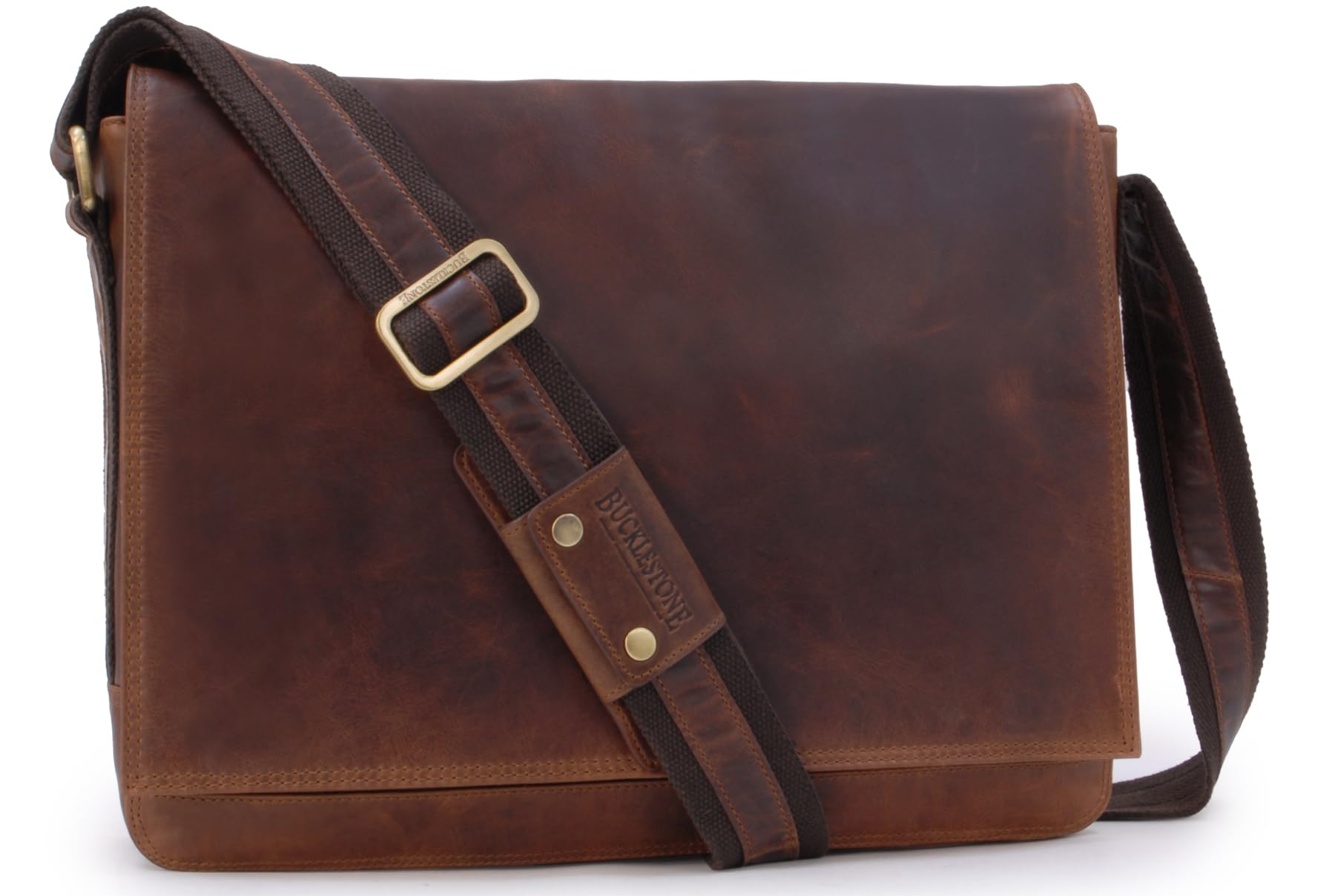 Bucklestone - Men's Leather Messenger Shoulder Bag - For 17 inch Laptop - Large Crossbody Work Bag With Padded Compartment - Chester - Brown