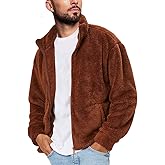 Runcati Mens Fuzzy Sherpa Jacket Cardigan Fleece Long Sleeve Full Zip Open Front Thermal Coat Fall Winter Outwear