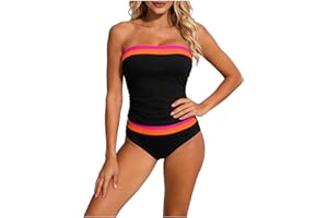 Women's Bandeau Tankini Swimsuits Two Piece Tummy Control Bathing Suit Summer Beach Strapless Swimwear with Bottoms
