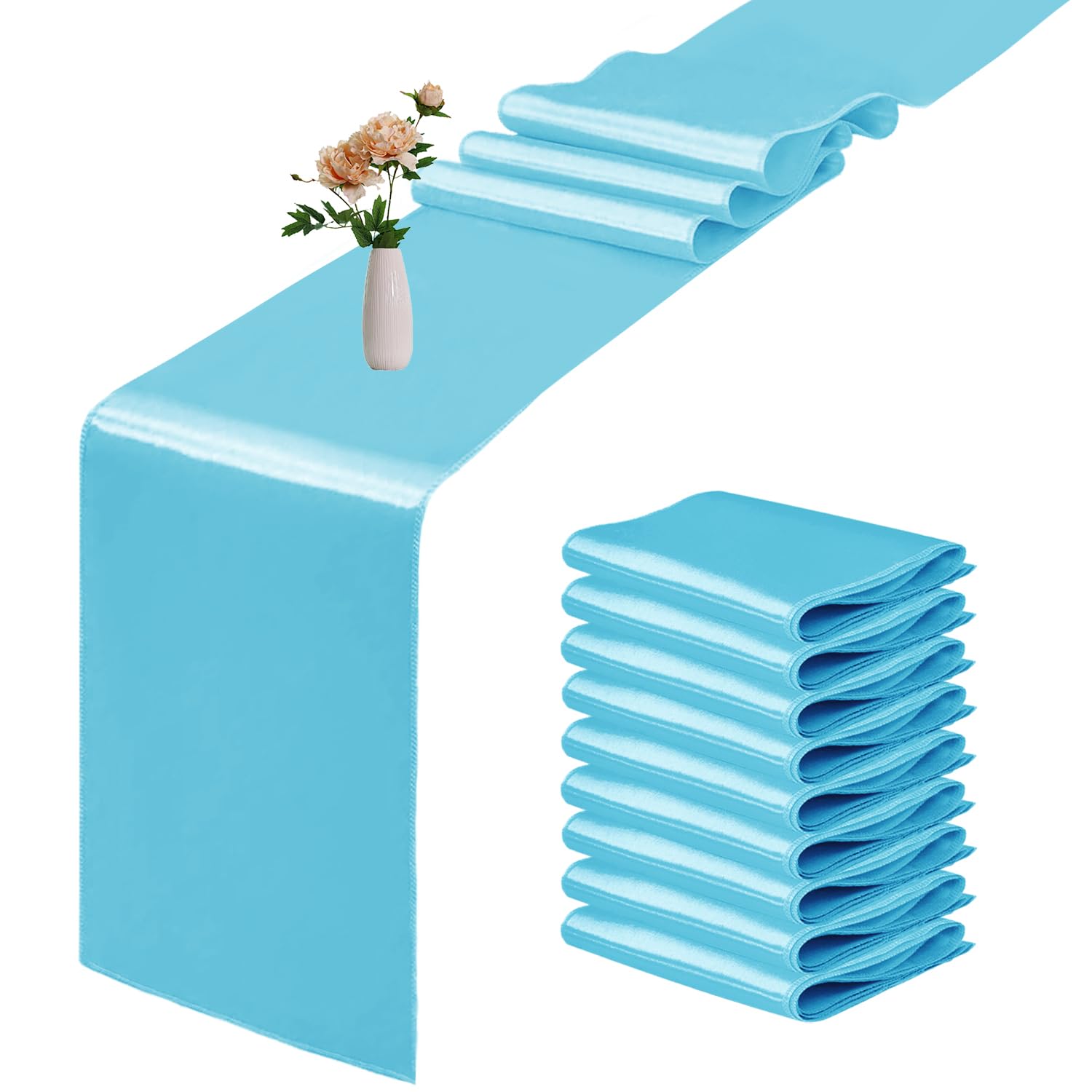 Photo 1 of 10 Pack Satin Table Runner 12 x 108 Inch Long Blue Smooth Silk Fabric Table Runner for Birthday Parties Wedding Banquets Decorations.