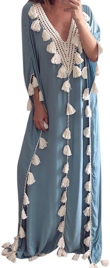 Kaftan Dresses for Women Boho Loose Tropical Oversized Sundress Pleat Tunic V Neck Long Maxi Dress JHKUNO