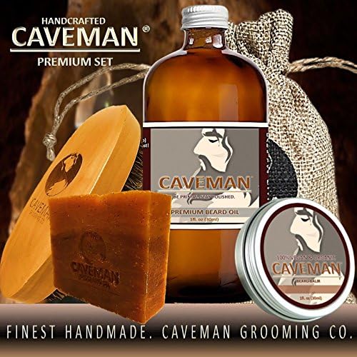 Caveman Beard Oil, Beard/Mustache Balm Wax, Beard and Body Soap, Boar's Hair Brush Set in Drunken Caveman (Bay Rum) Scent
