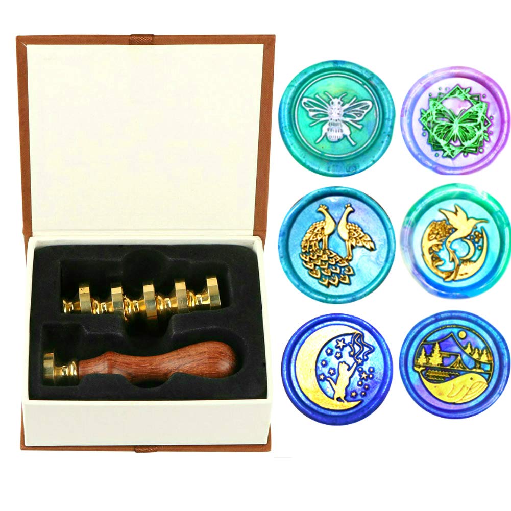 Bee Wax Seal Stamp Set, ANBOSE Butterfly Peacock Whale Wax Seal Stamp Kit Including 6 Pieces Bird Sealing Wax Stamps Copper Seals + 1 Wooden Hilt, Gift Sealing Wax Stamp Kit for Cards Invitations