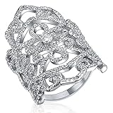 Fashion Women Princess Style Bling Cz Ring Long Floral Filigree Stainless Steel Ring