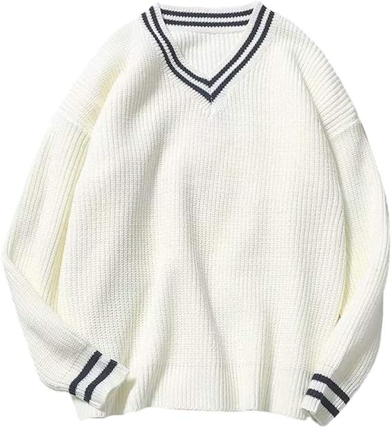 Amazon Co Jp Lasher メンズ ニット スウェット 学生 無地 Vネック 男女兼用 コーディ レイヤード セーター 長袖 ゆとり カジュアル 日常 トップス イギリス風 学園 ライン入り 服 ファッション小物