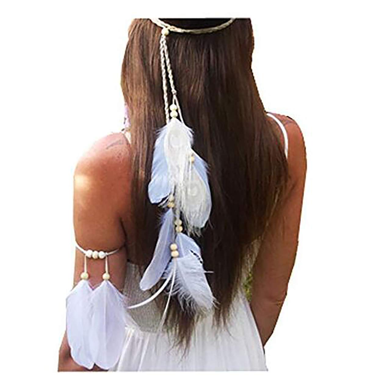Photo 1 of Set of 2 Women Lady Bohemian White Peacock Feather Headband Headdress and Armband Hippie Headpiece Headwear Handmade Tribal Indian Fascinator Feather Hairband Wedding Accessories