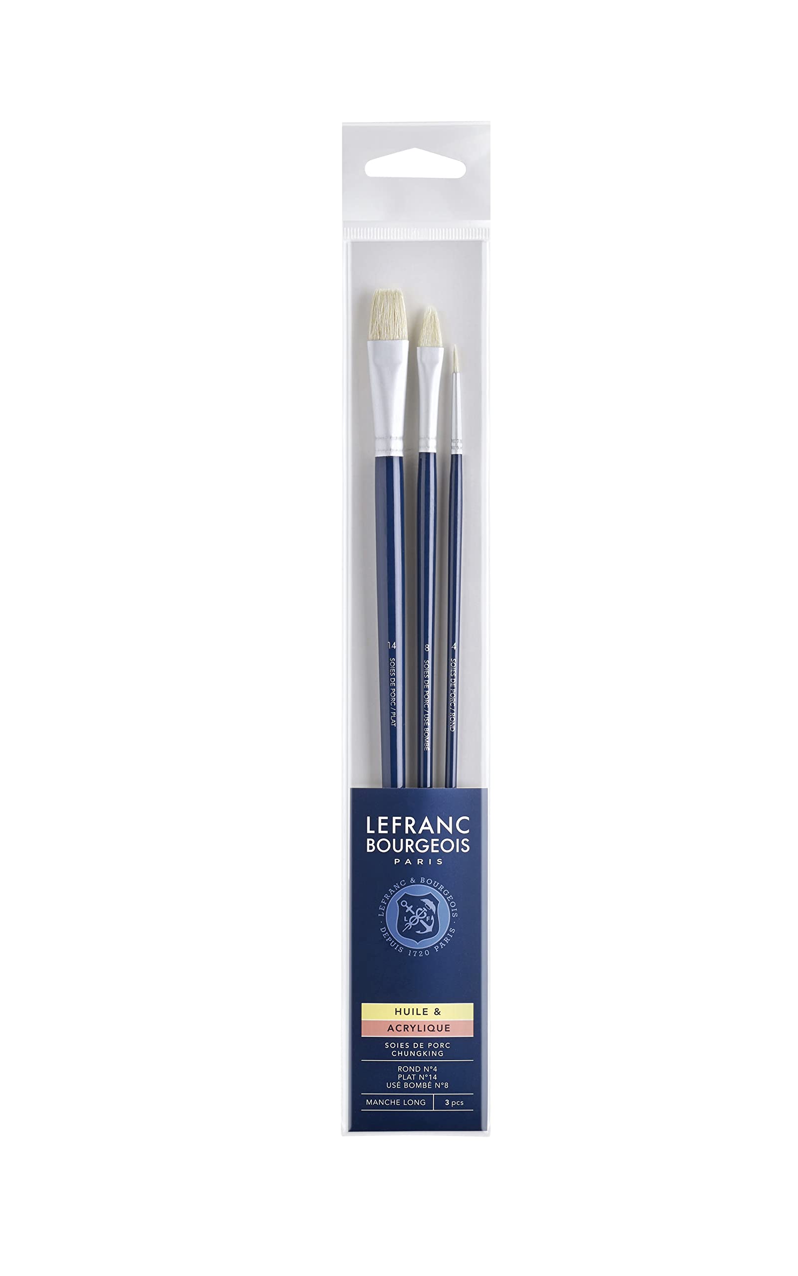 Lefranc Bourgeois – Set of 3 Brushes Hog Bristle Long Handle Rond N°4/PLAT N°14/USÉ BOMBÉ N°8