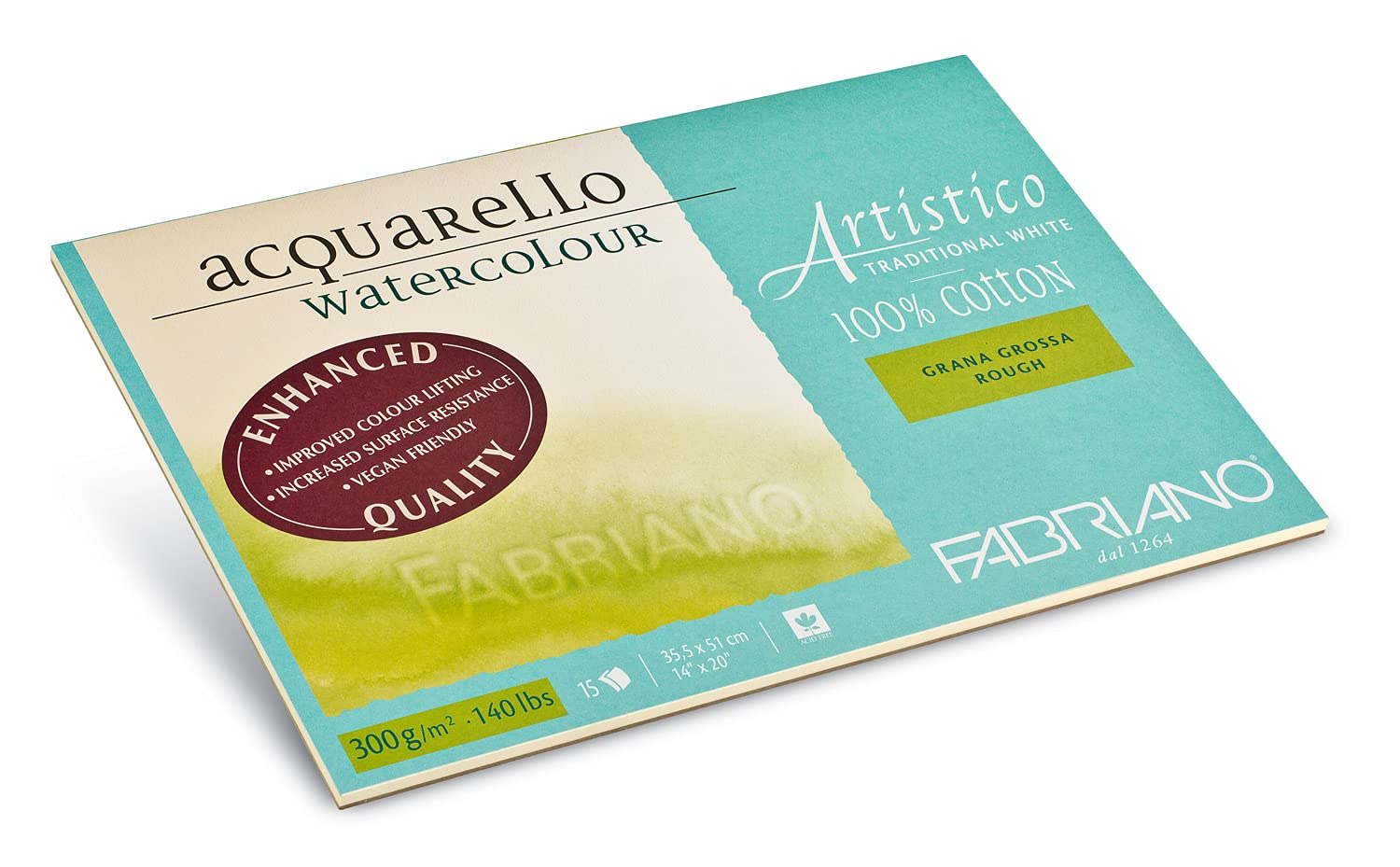 Honsell Fabriano Artistico Acquarello Natural White Rough Grain 35.5 x 51 cm 15 Sheets 300 GSM High Quality Artist Watercolour Card Pad Glued on 4 Sides, 35,5 x 51 cm