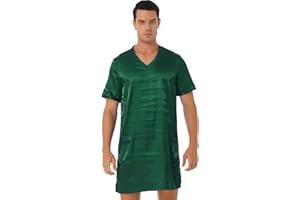 Hularka Men's Silk Satin Nightshirt Nightgown Short Sleeve V-neck Casual Nightwear Top Shirt Sleepwear