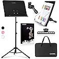 CAHAYA 5 in 1 Dual-use Sheet Music Stand & Desktop Book Stand Metal Portable Solid Back Height Adjustable from 31.4-57in with Book Stand Support, Carrying Bag, Sheet Music Folder and Clip
