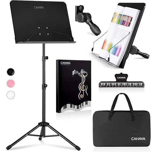 CAHAYA 5 in 1 Dual-use Sheet Music Stand & Desktop Book Stand Metal Portable Solid Back with Book Stand Support, Carrying Bag, Sheet Music Folder & Clip, Laptop Bible Book Tablet Stand CY0194