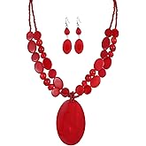 Rosslyons Big Oval Gemotric Pendant Necklace for women Double Strand Colorful Beads Statement Necklace and Earrings Set Fashion Jewelry Gifts