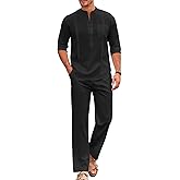 COOFANDY Men's 2 Piece Cotton Sets Casual Long Sleeve Cuban Henley Shirt and Loose Pants Set Beach Vacation Outfits