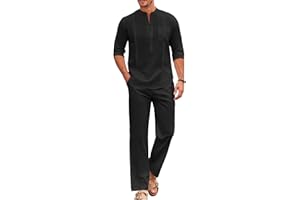 COOFANDY Men's 2 Piece Cotton Sets Casual Long Sleeve Cuban Henley Shirt and Loose Pants Set Beach Vacation Outfits