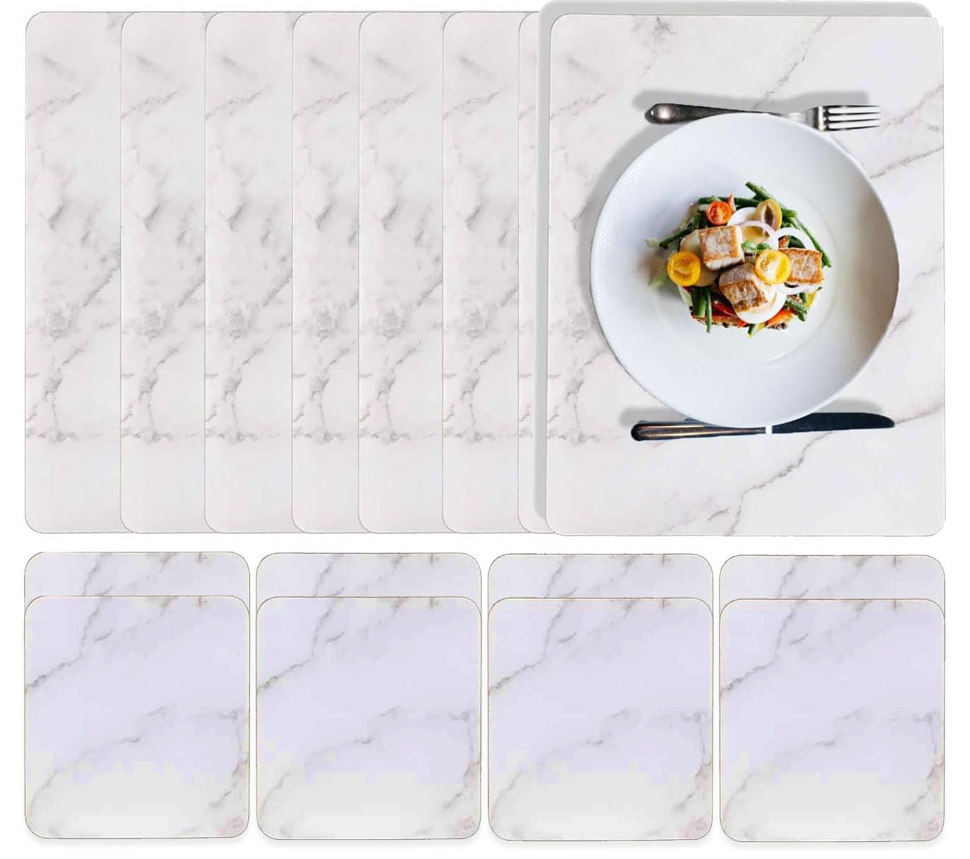 GBS set of 8 Marble Effect Coaster And Placemat -Table Mats For Kitchen Dining Table - Set Of 4 Cork Backed Placemats and Coasters Set - Stain Resistant Laminate Finish Christmas Home Decor Gift