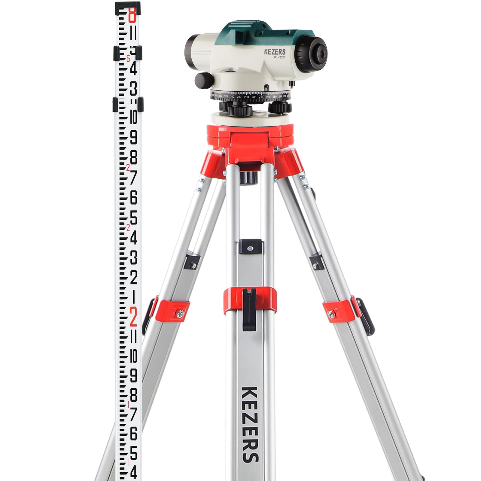 Photo 1 of KEZERS 32X Automatic Optical Level Kit with Tripod,Self-Leveling Magnetic Dampened Compensator and Transport Lock,Aluminum Survey Tripod,9FT Grade Rod,Carrying Case