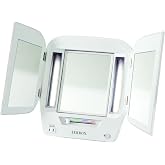 JERDON Lighted Makeup Mirror with 5X Magnification - White - JGL10W | Modern Tri-Fold Design, Multiple Light Settings