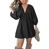yoeasy Women's V Neck Denim Dress Casual Puff Sleeve Swing Ruffle Flowy A Line Mini Jean Babydoll Dress