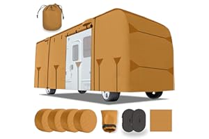 Lanceton 30-33Ft Class A RV Cover Package Premium Heavy-Duty Waterproof Windproof Anti-UV Breathable Fabric Including 4 Tire Covers and 4 Sharp Edge Covers 2 Secure Straps