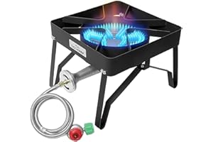 COOKAMP High Pressure 200000 BTU Banjo 1-Burner Outdoor Propane Burner Gas Cooker with 0-30 PSI Adjustable Regulator and Steel Braided Hose (Balck) SA1250