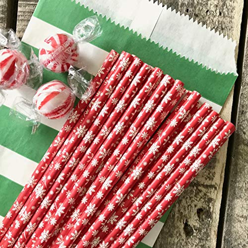 Snowflake and Polka Dot Christmas Paper Straws - Red Straws - 7.75 Inches - 100 Pack - Outside the Box Papers Brand