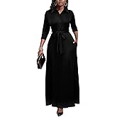 Runwind Women Church Maxi Dresses 3/4 Sleeve Button Down Print Casual Office Dress African