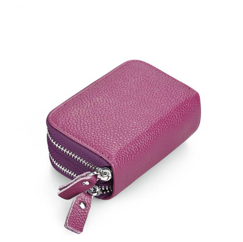 AprinCtempsD RFID Blocking Women's Credit Card Holder Genuine Leather Ladies Small Coin Purse Men's Mini Card Wallet with Double Zipper (Purple)