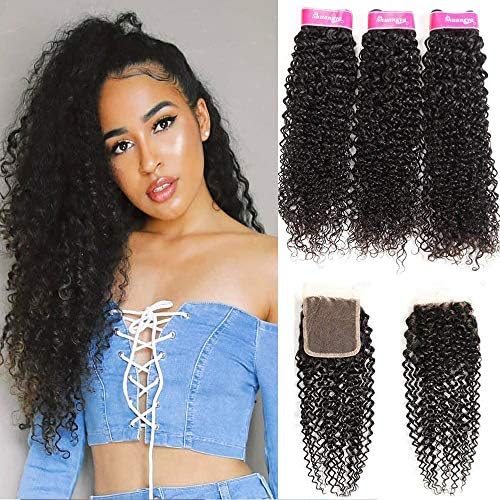8A Mongolian Hair Bundles With Closure Kinkys Curly Human Hair 3 Bundles of Virgin Hair Unprocessed Human Hair Closure Free Part Natural Black Color shuangya hair (20 22 24+18Closure, Free Part)