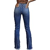 Flamingals Mid Waist Boot Cut Jeans for Women Stretchy Trendy Butt Lifting Flare Wash V Cut Raw Hem Denim Jeans