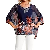 Rokou Women's Floral Blouse Loose Batwing Sleeve Beach Chiffon Poncho Sheer Tunic Tops