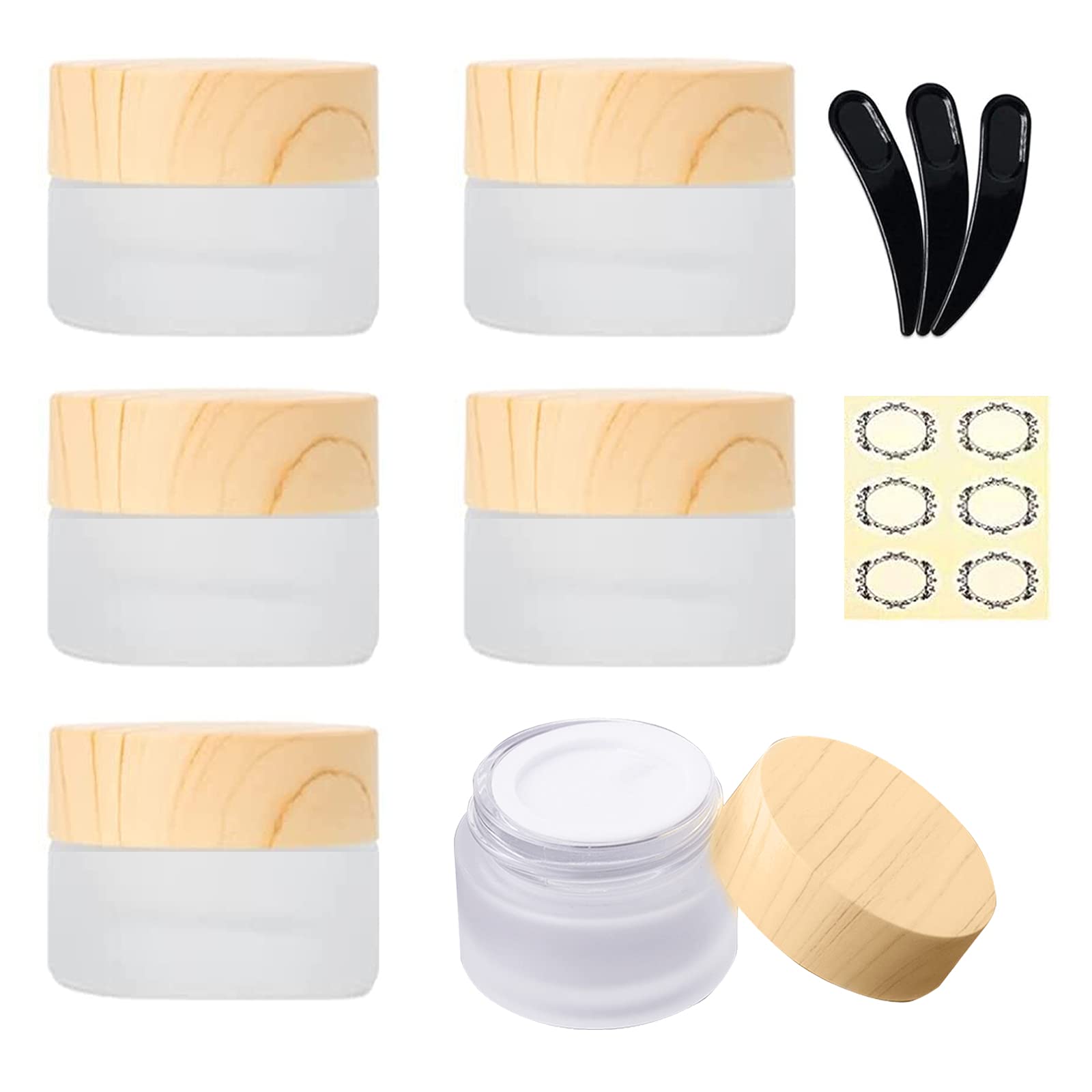 Yalbdopo 6Pcs 10ml / 10g Empty Frosted Clear Glass Cosmetic Sample Containers with Wood Grain Plastic Lids and Inner Liners - Refillable Mini Travel Pot Jars for Makeup Creams Lip Balm Beauty Nails
